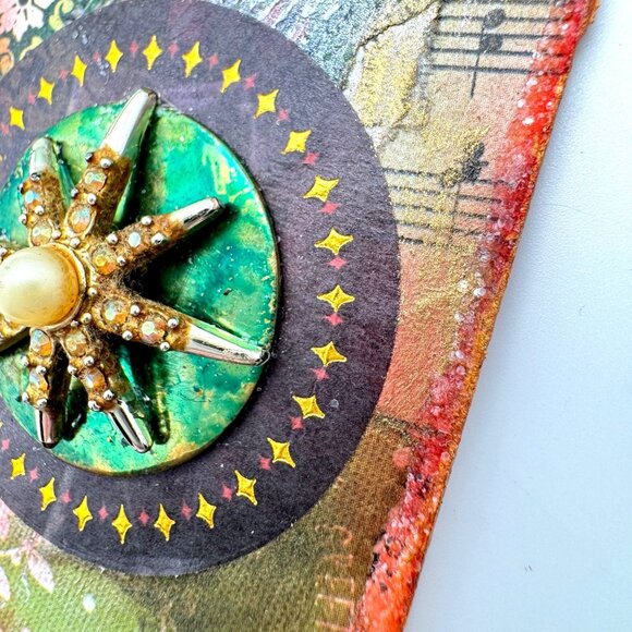 Handcrafted Ornament OOAK Collage Star Gold green Red & Pearl Accents Ribbon - Picture 5 of 10